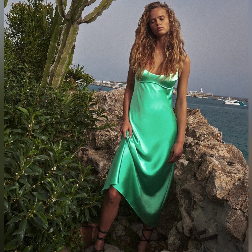 Zara Satin Green Midi Dress